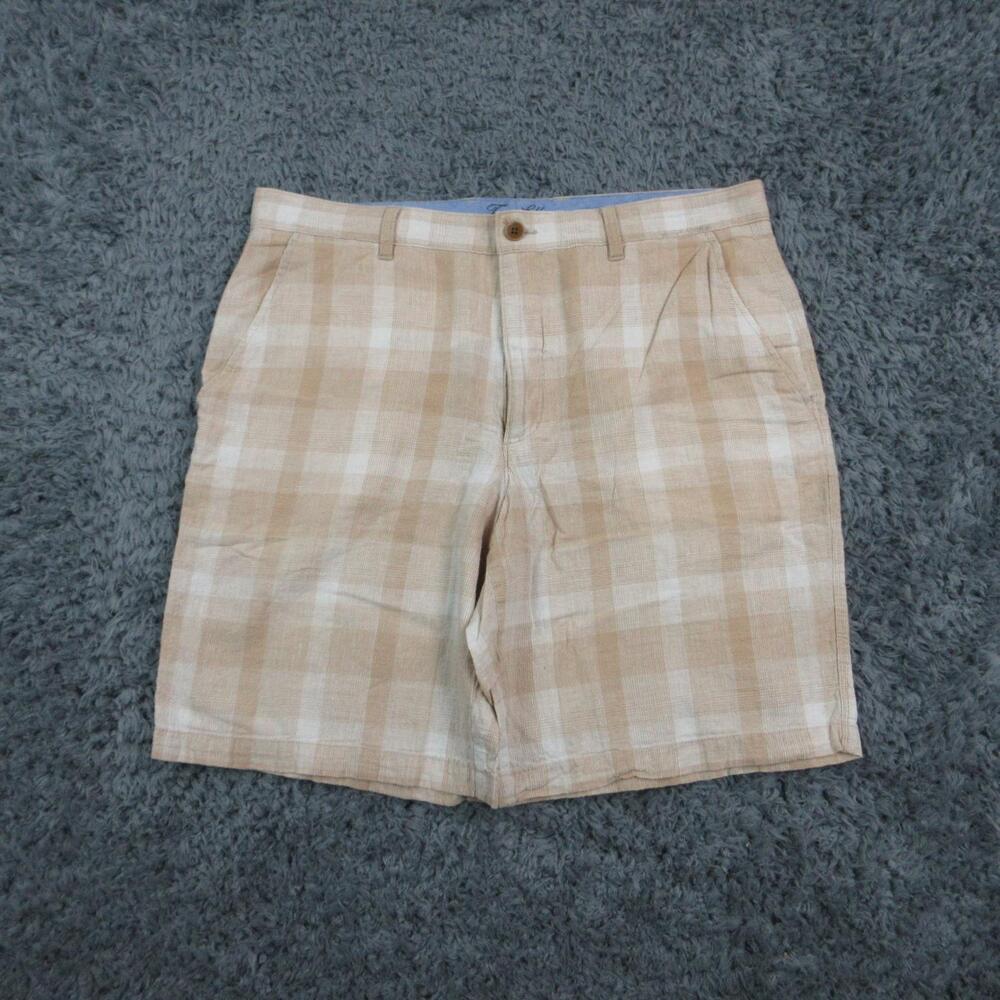 Tasso Elba Shorts Mens 34 Beige Plaid Linen Cotton Chino Pleated Casual 36x9*